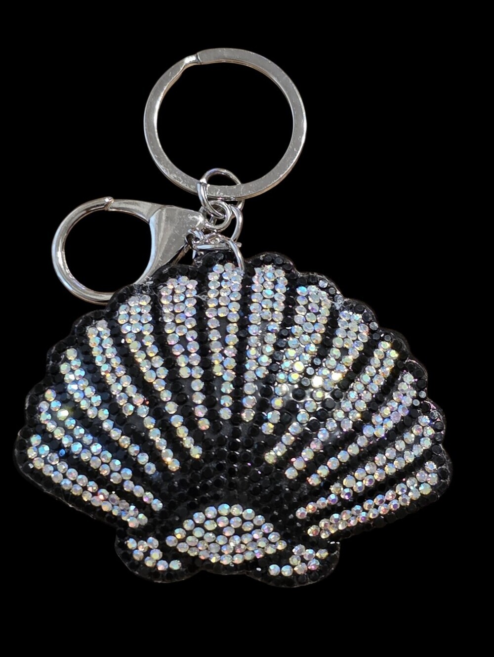 Crystal-Embellished Seashell Bag Charm Keychain - Silver Tone